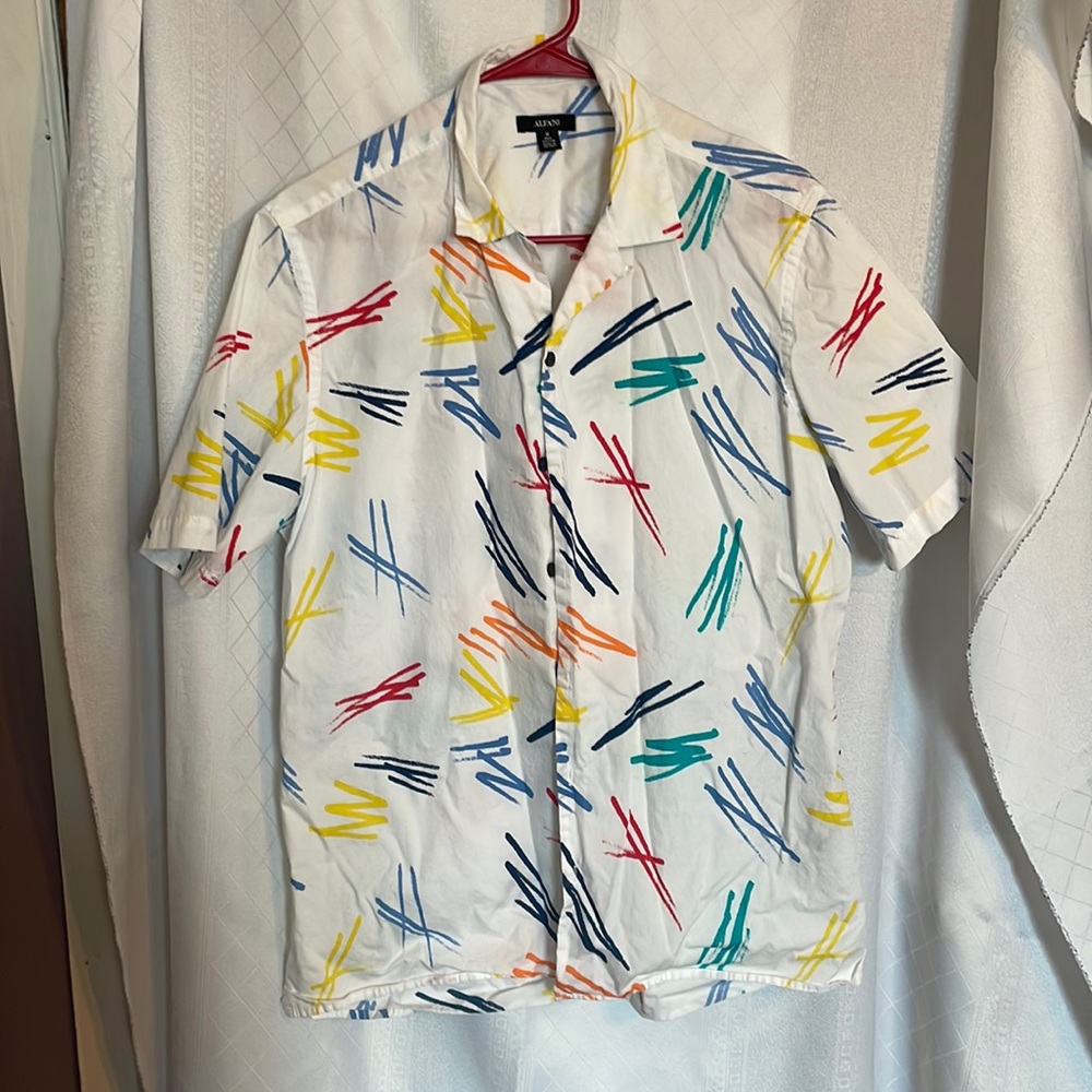 Alfani men’s Medium button down shirt with colorful designs.